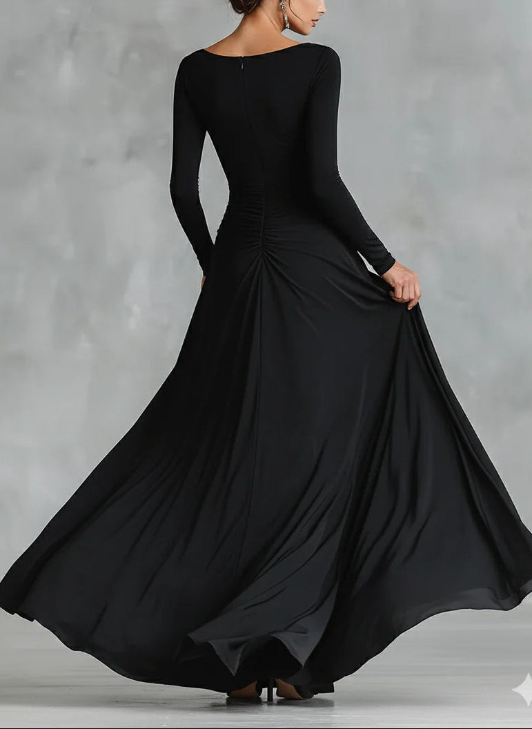 Beatrix™ | Elegant Black Maxi Dress with Boat Neck Long Sleeve Pleated Formal Style