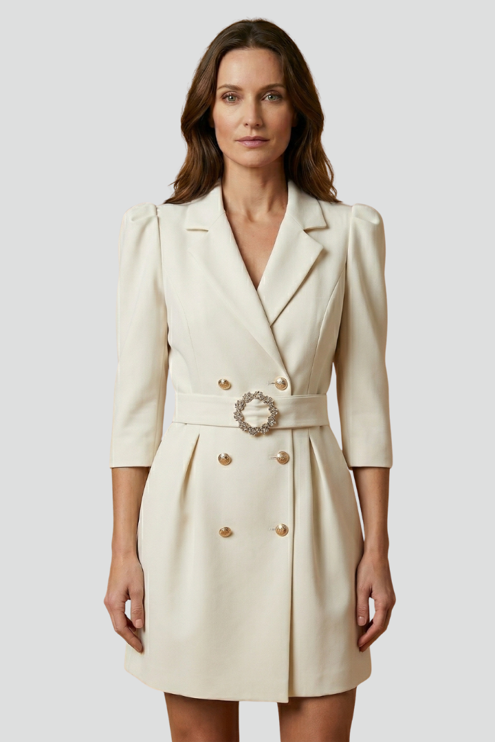 Bexara™ | Belted Blazer Dress with Notched Lapels and Double-Breasted Button Front