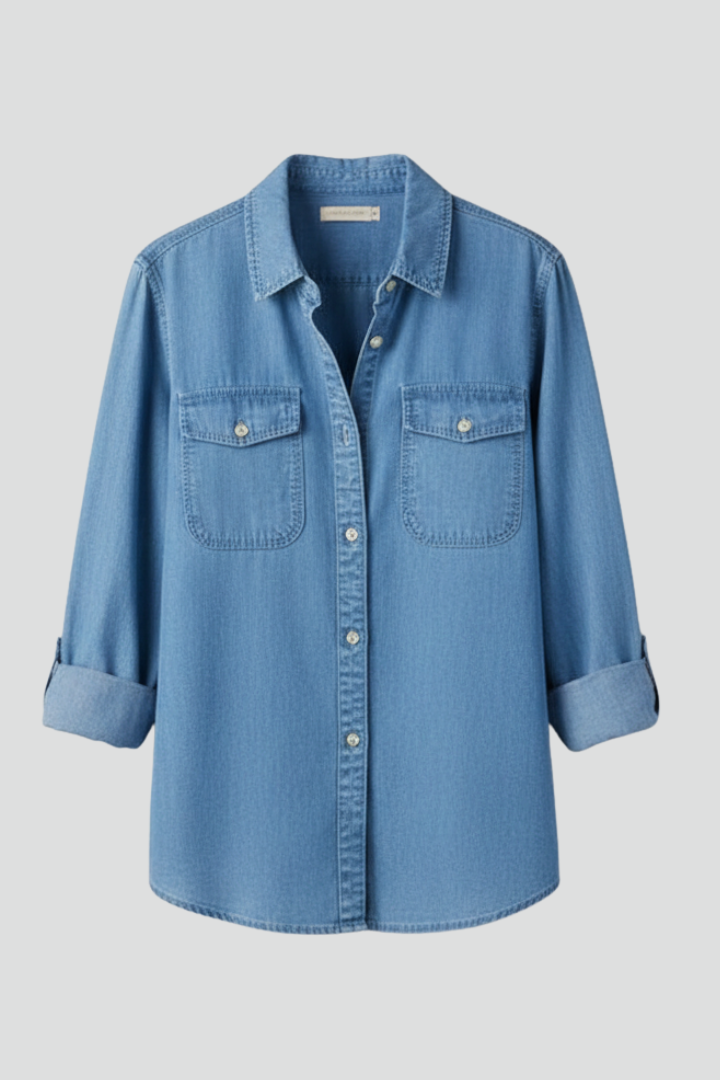 Women’s Classic Button-Front Denim Shirt with Long Sleeves