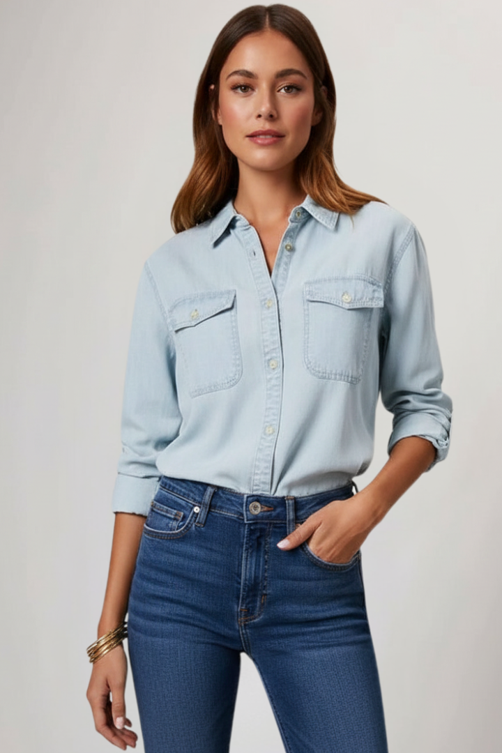 Women’s Classic Button-Front Denim Shirt with Long Sleeves