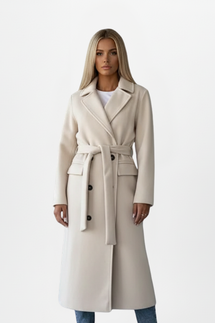 Cheryl | Women's Long Coat with Belt and Double-Breasted Front