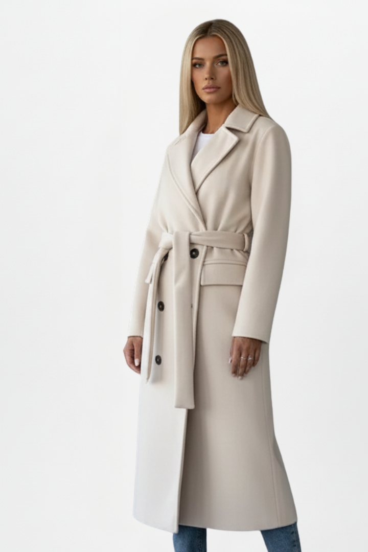 Cheryl | Women's Long Coat with Belt and Double-Breasted Front