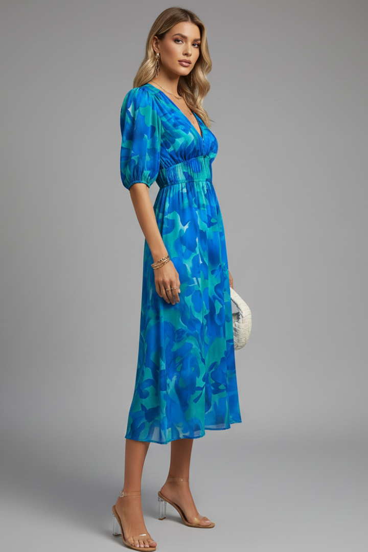 Women’s Floral Puff Sleeve V-Neck Midi Dress