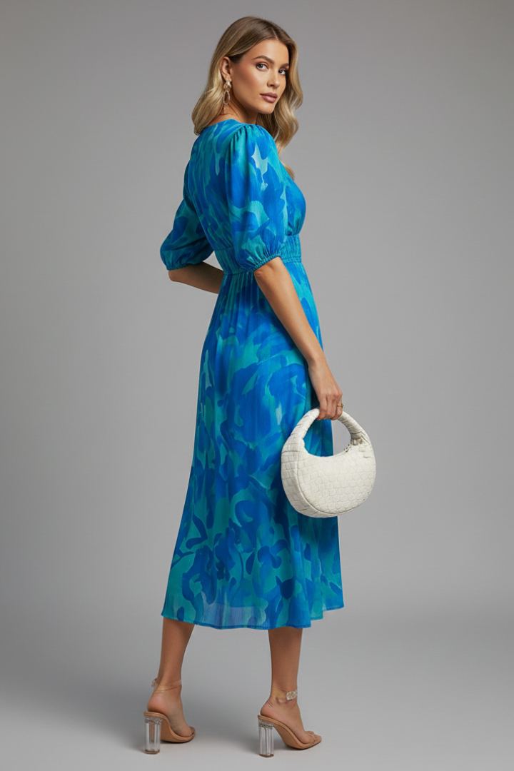 Women’s Floral Puff Sleeve V-Neck Midi Dress