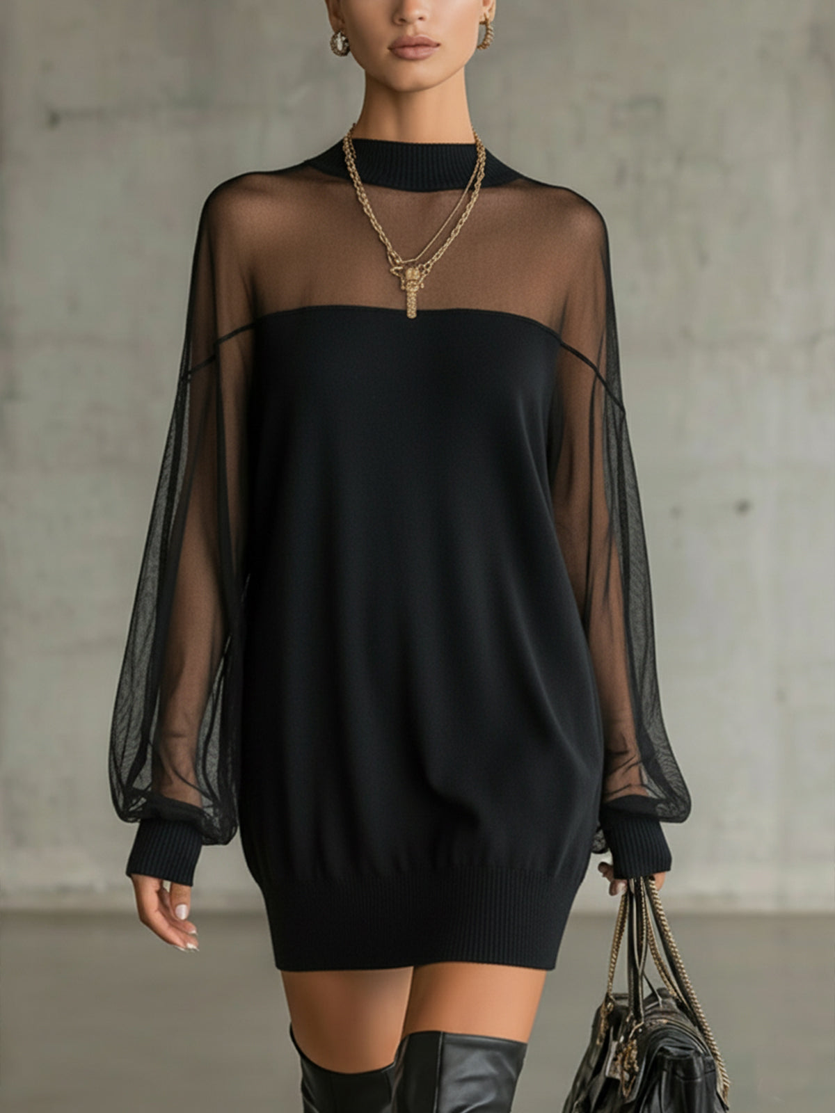 Marguerite™ | Elegant Black Mini Dress with Sheer Mock Neck and Bishop Sleeves