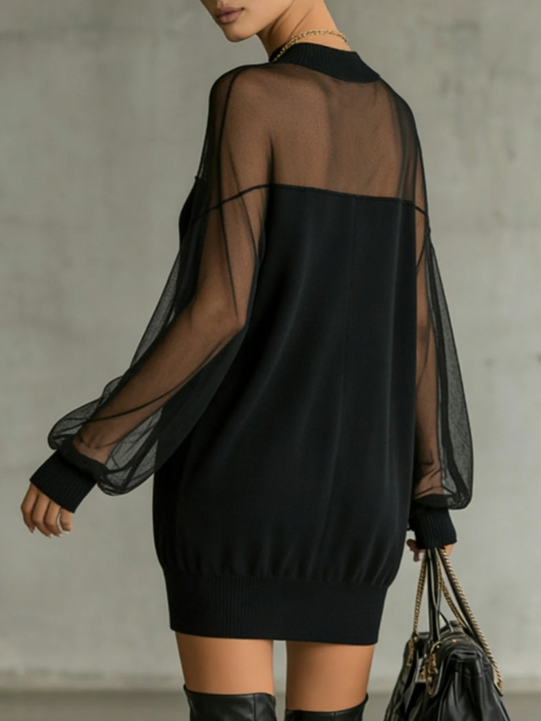 Marguerite™ | Elegant Black Mini Dress with Sheer Mock Neck and Bishop Sleeves