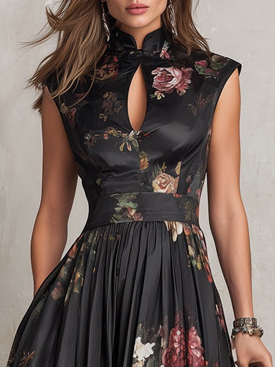 Amorinda™ | Floral Print Stand Collar Keyhole Neck Cap Sleeve A-Line Midi Dress