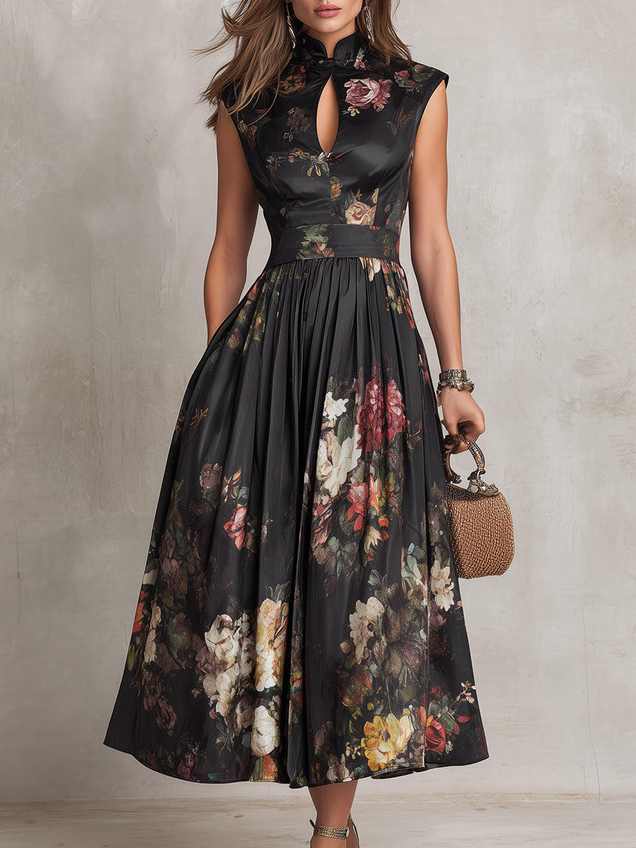 Gilvaine™ | Keyhole Collar Floral Pleated Midi Dress