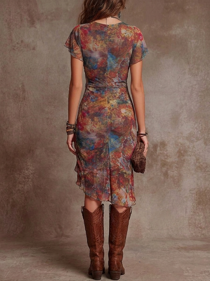 Clovaire™ | Abstract Bohemian Print V-Neck Pleated Midi Dress