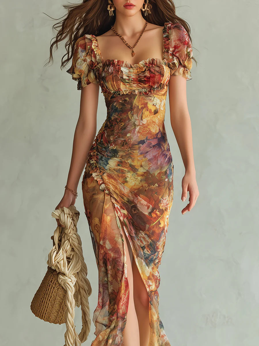 Annika™ | Floral Print Ruffle Sweetheart Maxi Dress