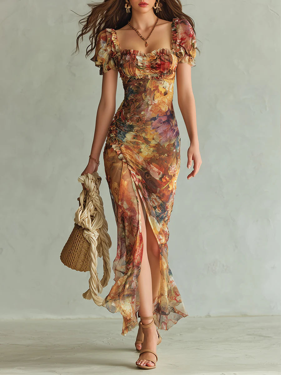 Annika™ | Floral Print Ruffle Sweetheart Maxi Dress