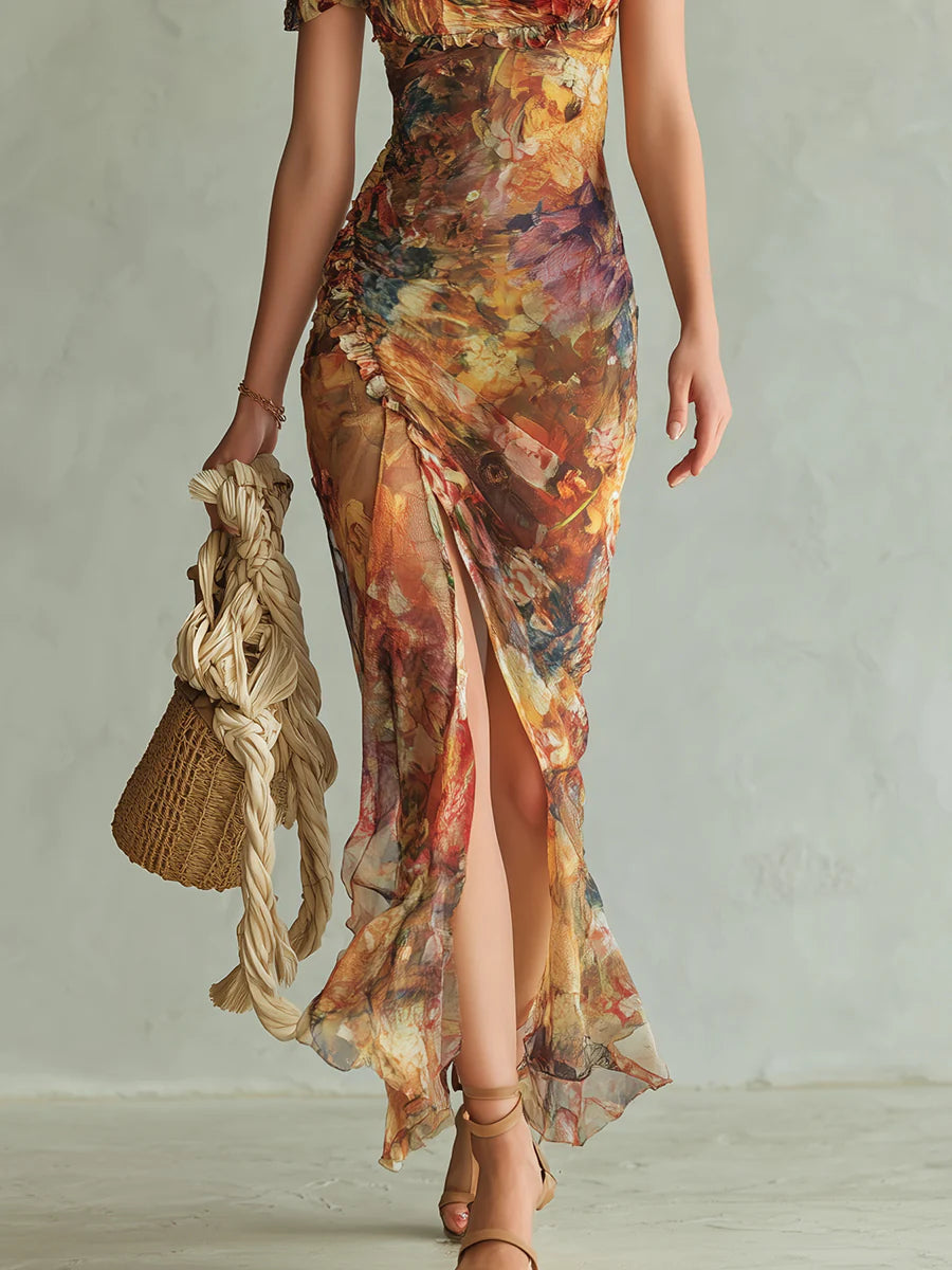 Seraphina™ | Floral Maxi Dress with Sweetheart Neck Short Sleeve Ruched Bodice