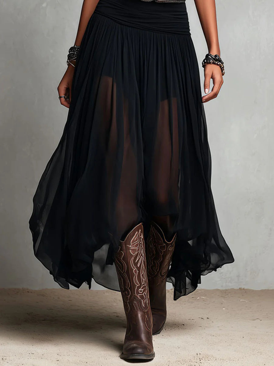 Maeveline™ | Elegant Black Maxi Dress with Tank Bodice Flowing Skirt and Boho Belt Detail