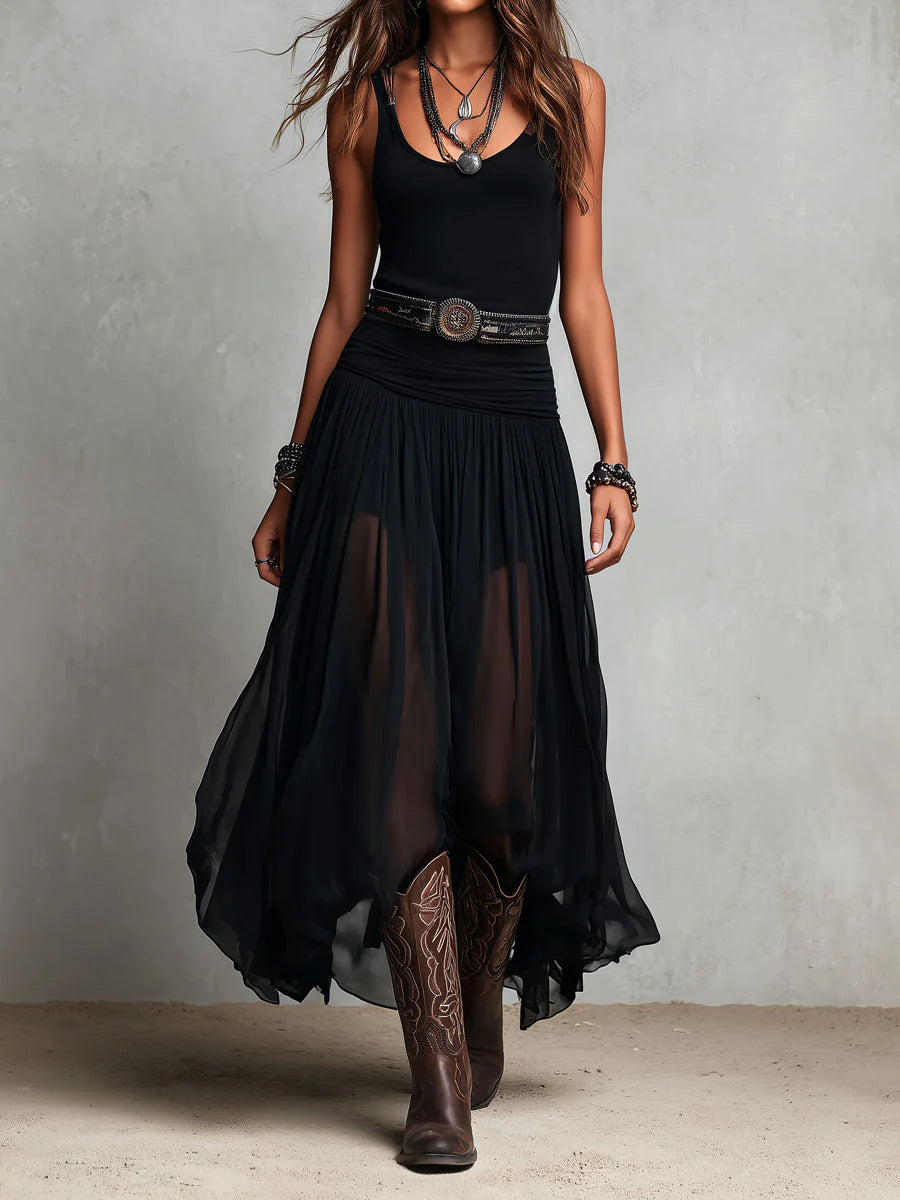 Calista™ | Elegant Black Maxi Dress with Tank Top Skirt Boho Belt Detail