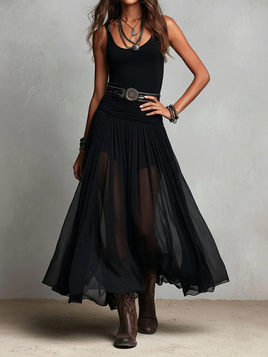 Maeveline™ | Elegant Black Maxi Dress with Tank Bodice Flowing Skirt and Boho Belt Detail