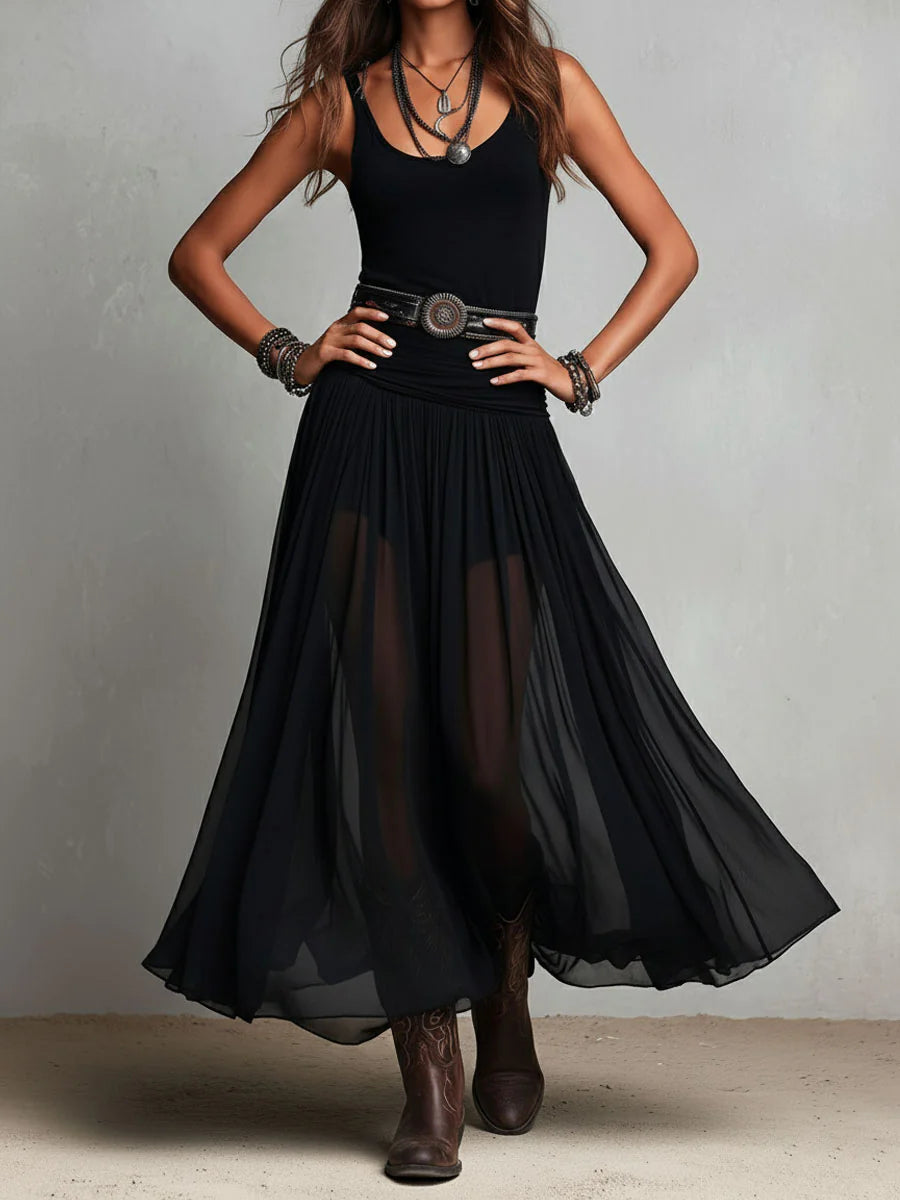 Maeveline™ | Elegant Black Maxi Dress with Tank Bodice Flowing Skirt and Boho Belt Detail