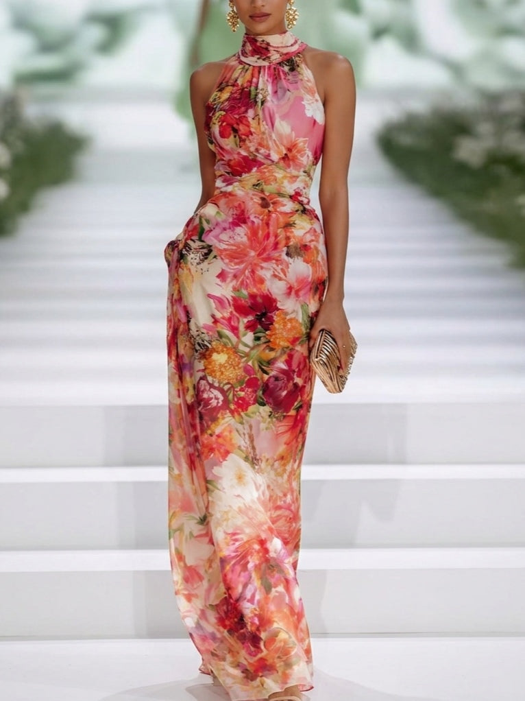 Diantha™ | Floral Halter-Neck Sleeveless Maxi Dress