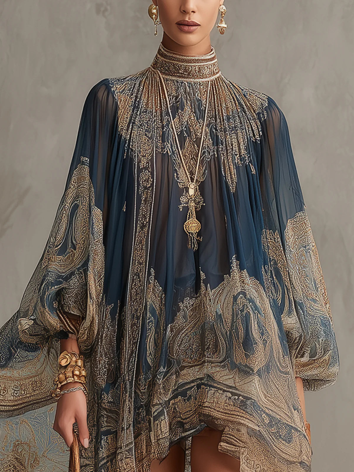 Vespienne™ | Baroque-Print Asymmetric Mini Dress with High Neck