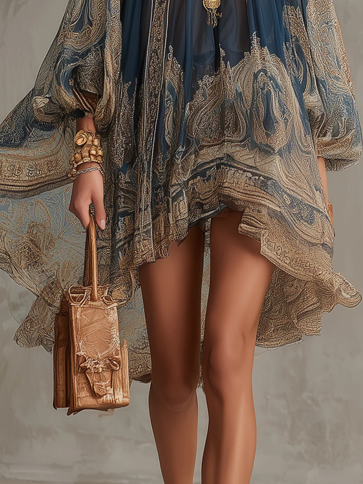 Vespienne™ | Baroque-Print Asymmetric Mini Dress with High Neck