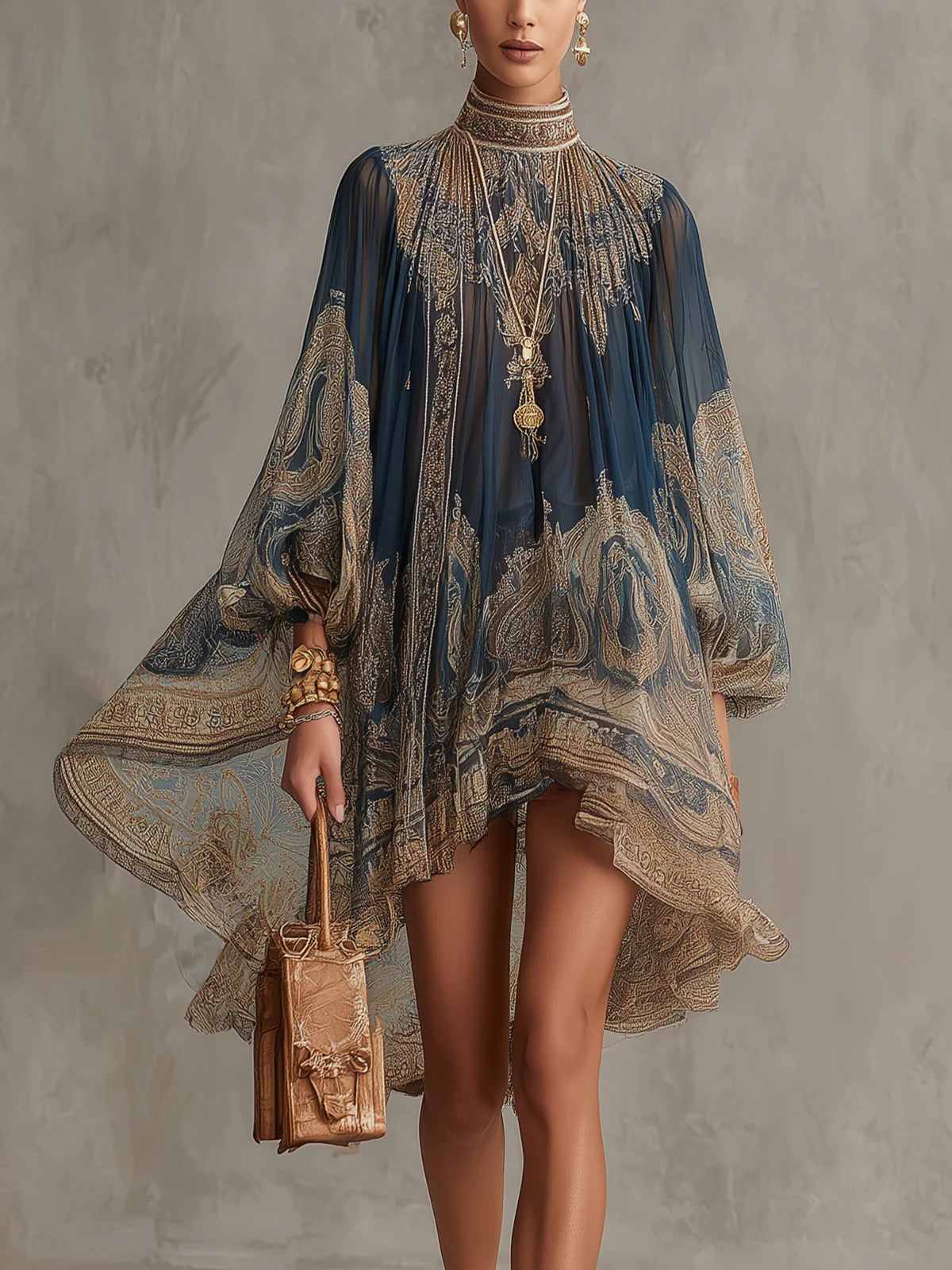 Vespienne™ | Baroque-Print Asymmetric Mini Dress with High Neck