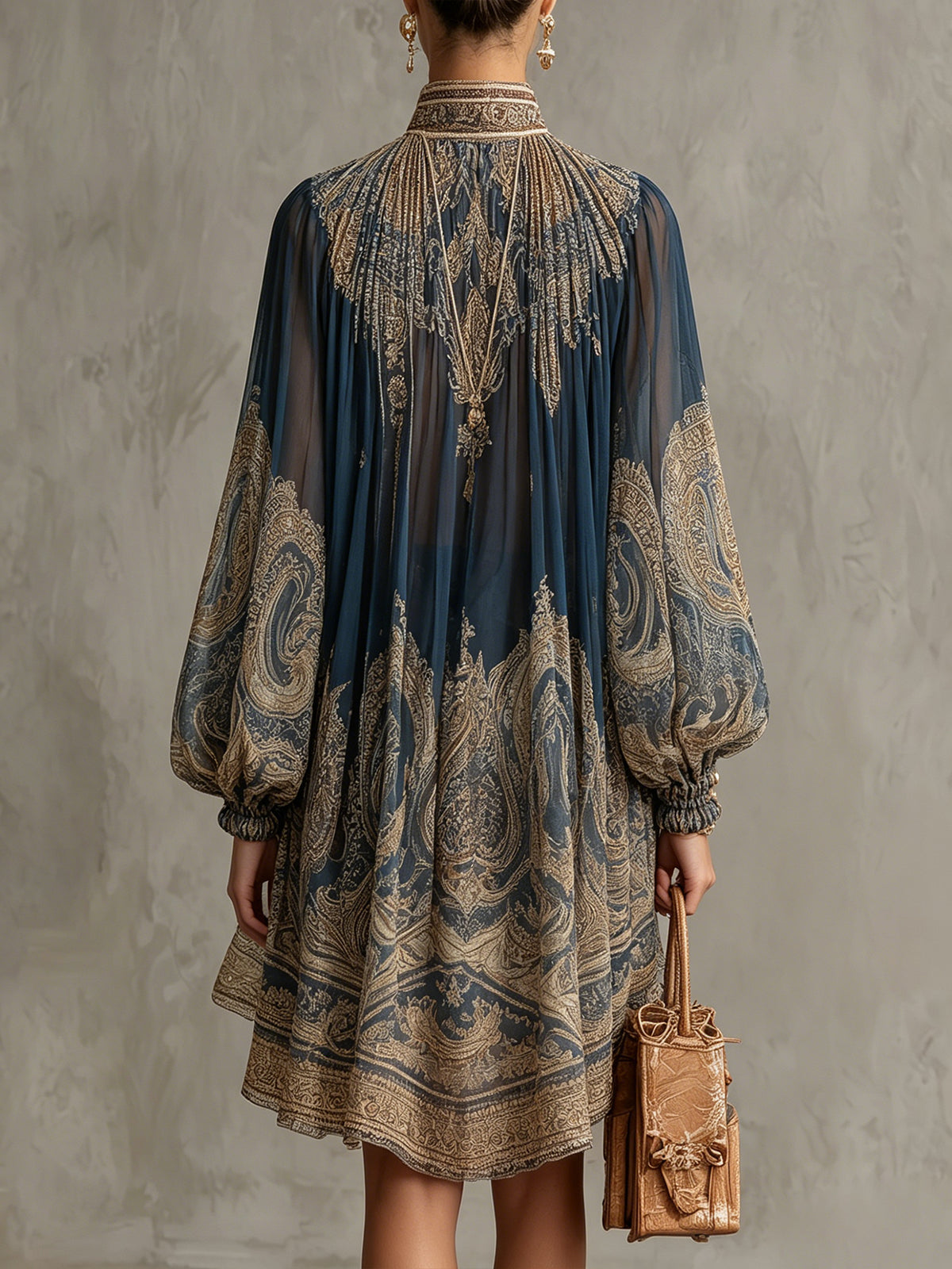 Vespienne™ | Baroque-Print Asymmetric Mini Dress with High Neck