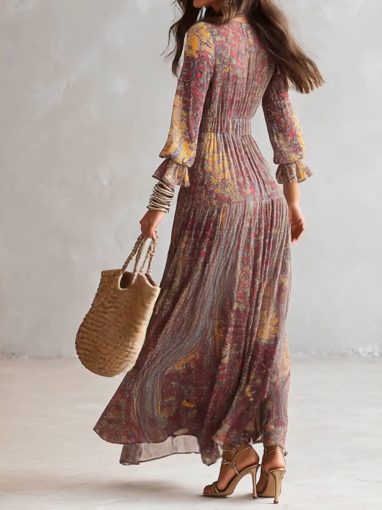 Belvine™ | Paisley Print V-Neck Gathered Maxi Dress