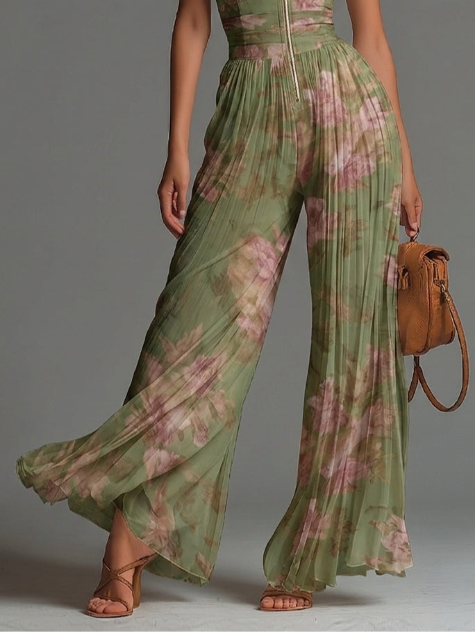 Edalora™ | Floral V-Neck Sleeveless Zip-Up Pleated Wide-Leg Jumpsuit