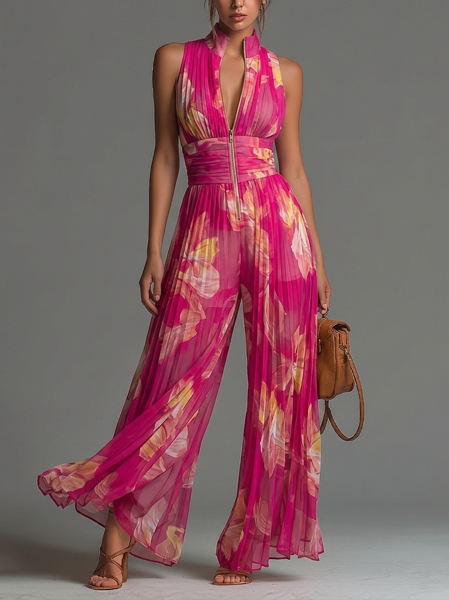 Kalindra™ | Floral Pleated Wide-Leg Jumpsuit