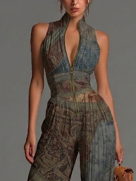 Ottavia™ | Bohemian Ethnic Print Sleeveless Zipper Pleated Wide-Leg Jumpsuit