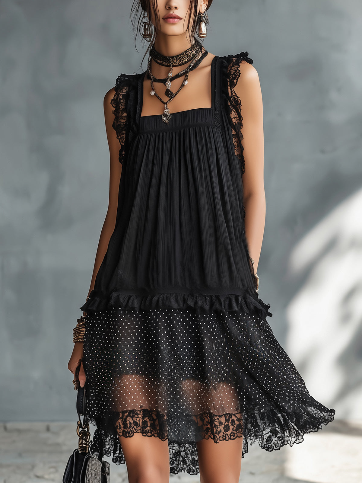 Auréline™ | Polka Dot Lace-Trim Ruffled Mini Dress