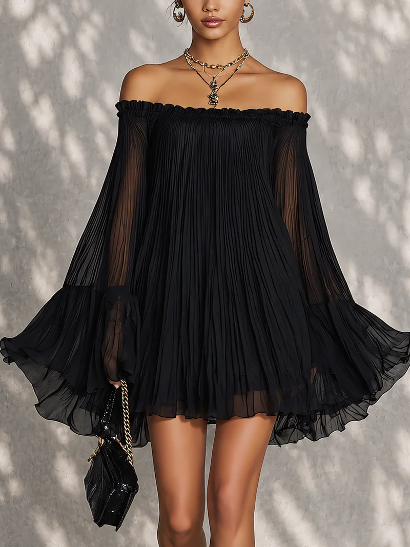 Vespine™ | Off-Shoulder Pleated Bell-Sleeve Mini Dress
