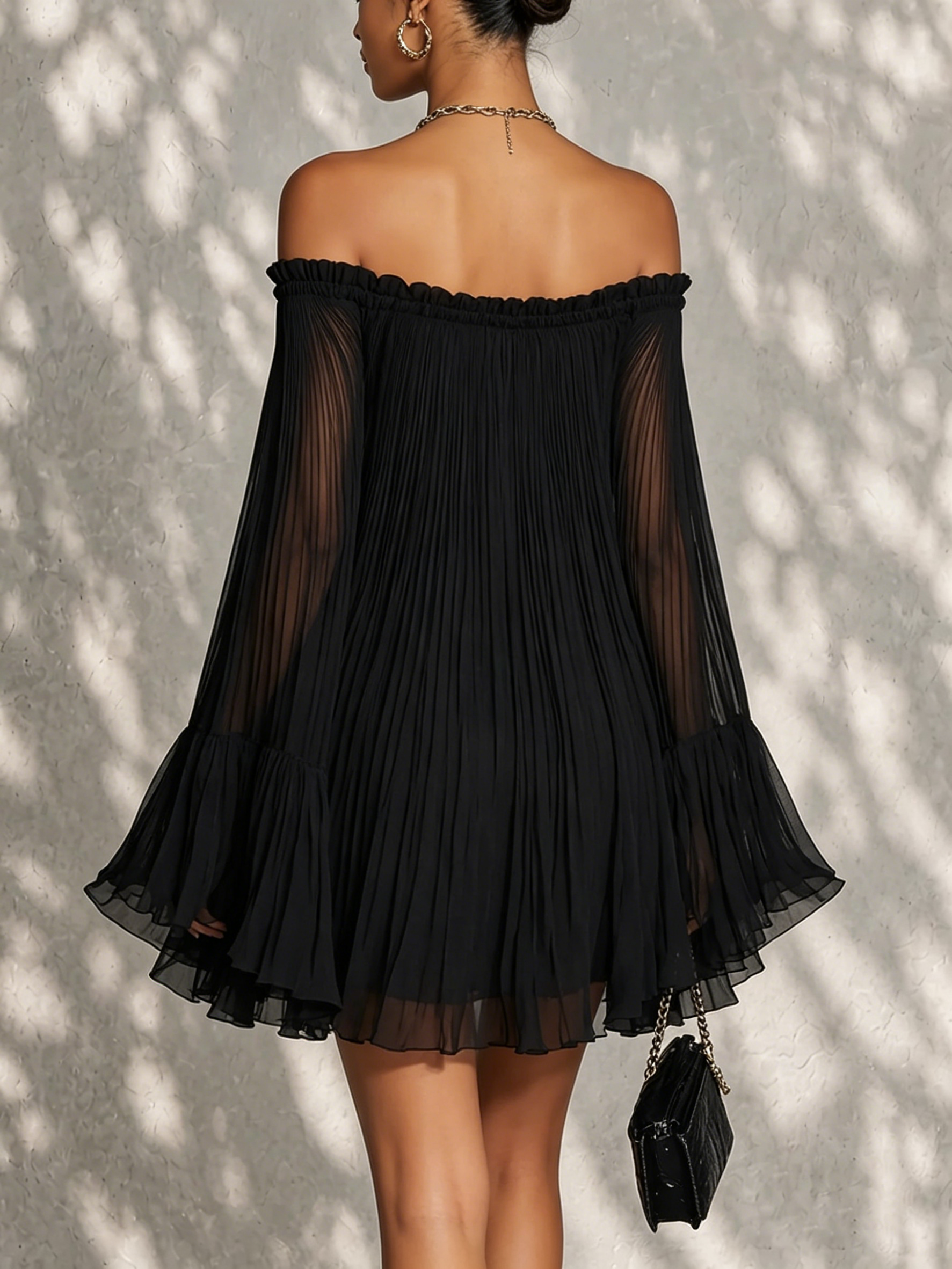 Vespine™ | Off-Shoulder Pleated Bell-Sleeve Mini Dress