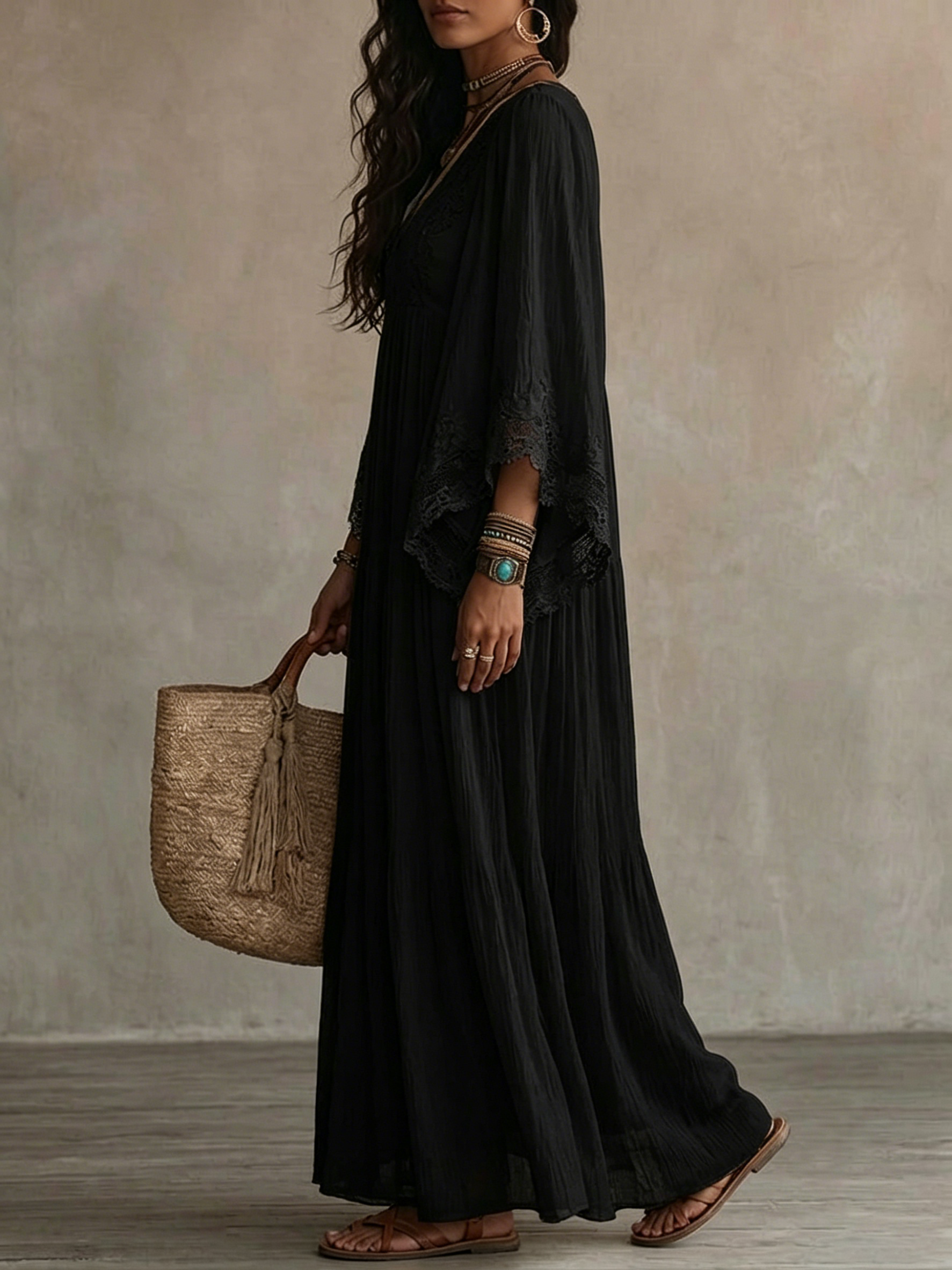 Rosventura™ | V-Neck Maxi Dress with Batwing Sleeves