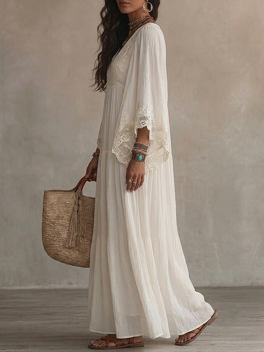 Cosette™ | Lace V-Neck Batwing Sleeve Maxi Dress
