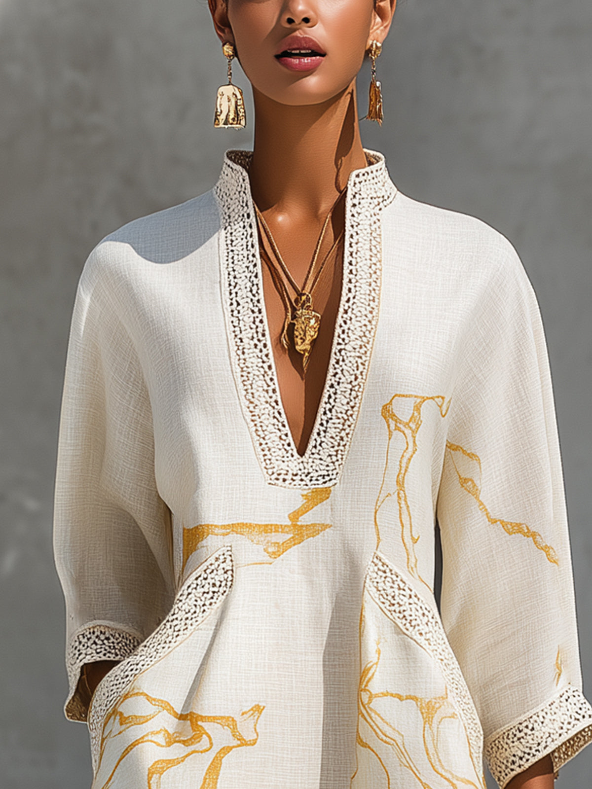 Galadrielle™ | Ivory Gold Marble Print Crochet-Trim Mini Dress