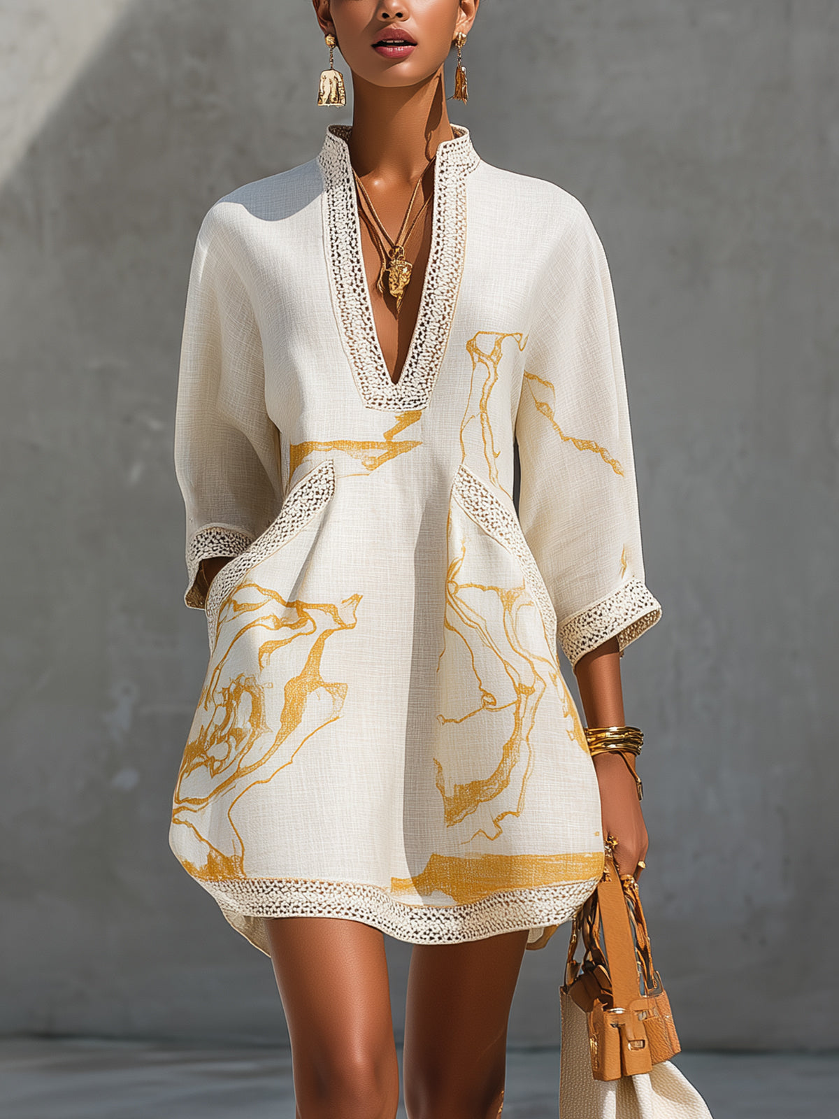 Galadrielle™ | Ivory Gold Marble Print Crochet-Trim Mini Dress