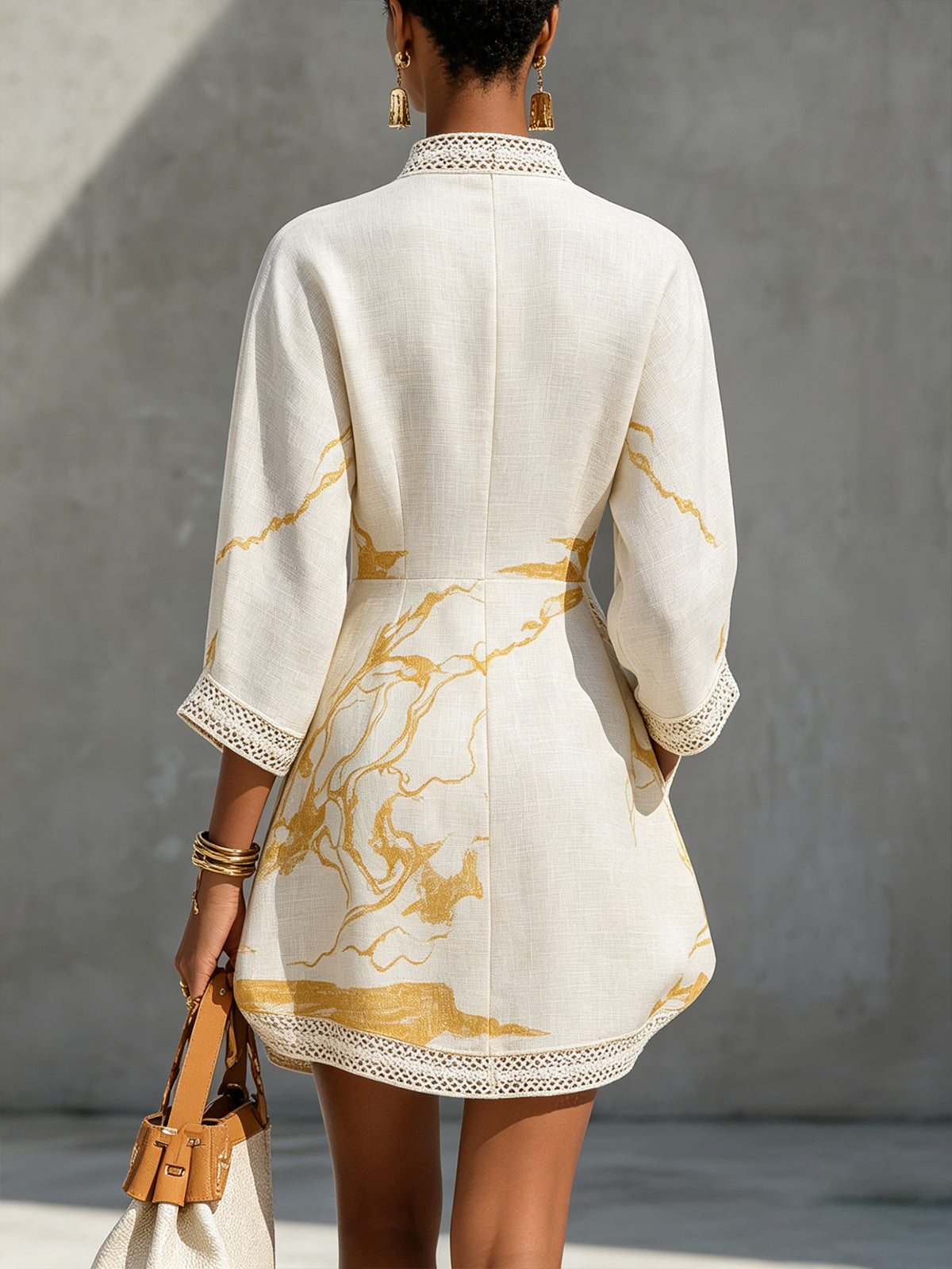 Galadrielle™ | Ivory Gold Marble Print Crochet-Trim Mini Dress