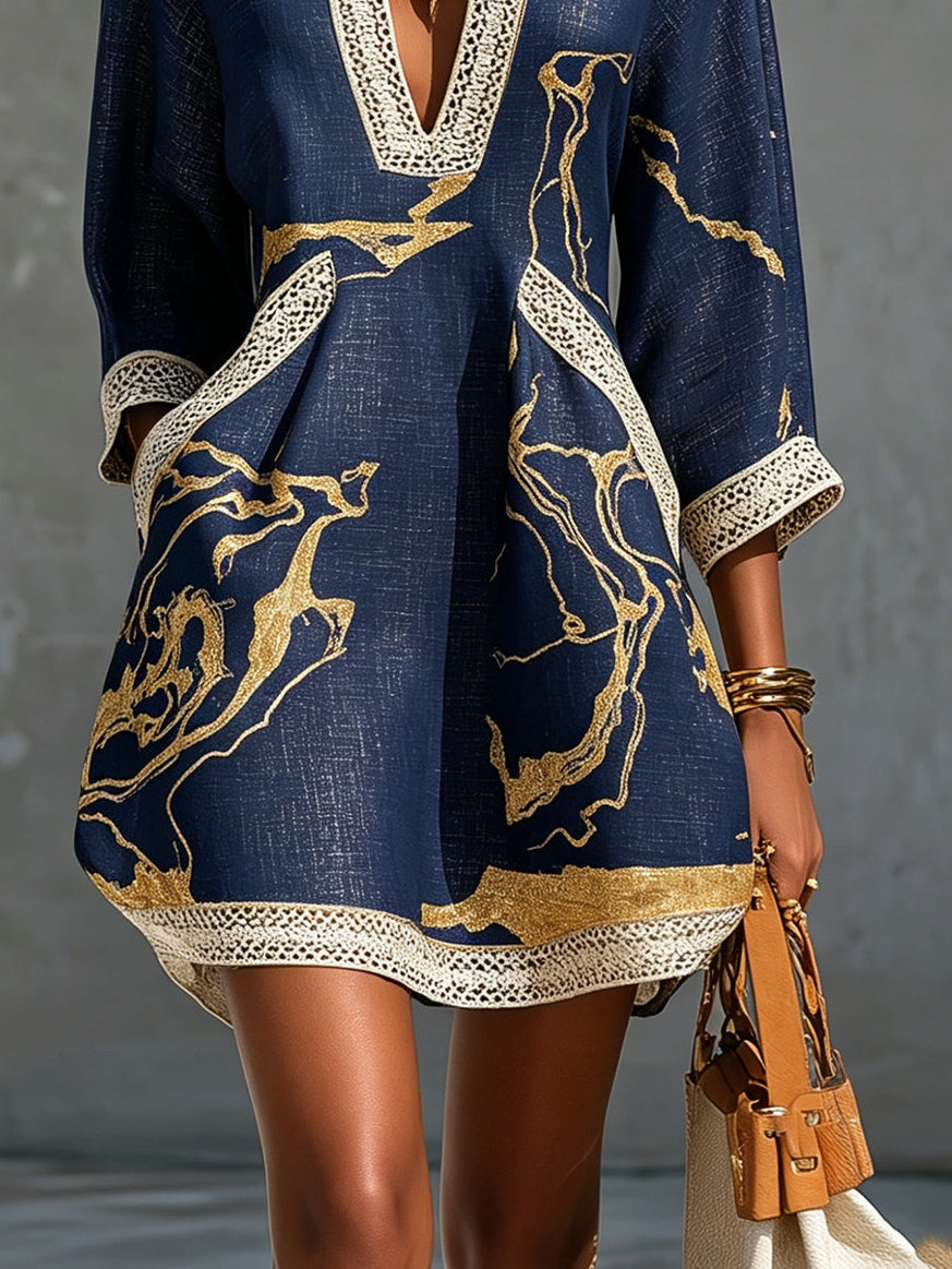 Delancine™ | Mini Dress with Gold Marble Print, Crochet Lace Trim & V-Neckline