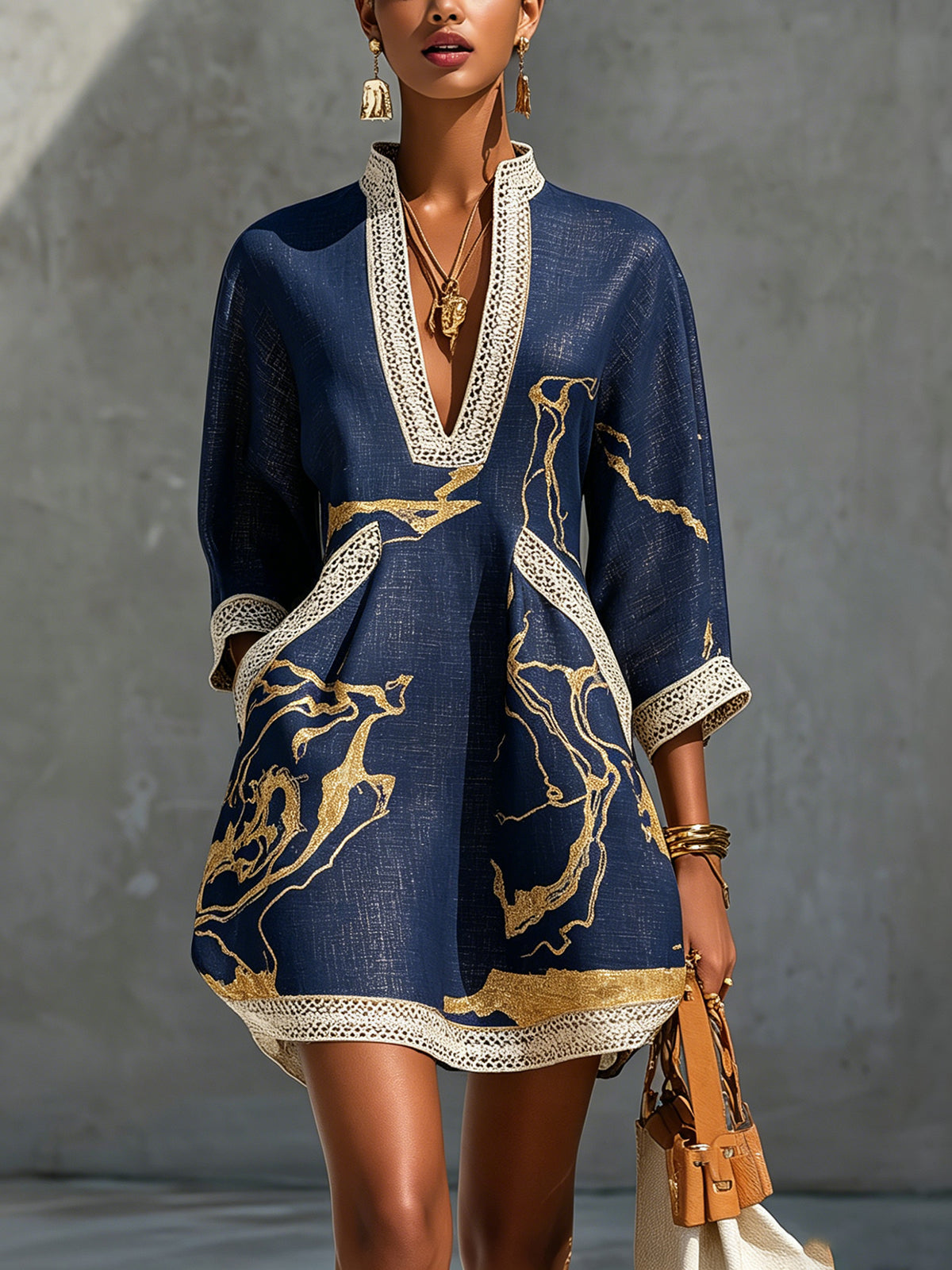 Delancine™ | Mini Dress with Gold Marble Print, Crochet Lace Trim & V-Neckline