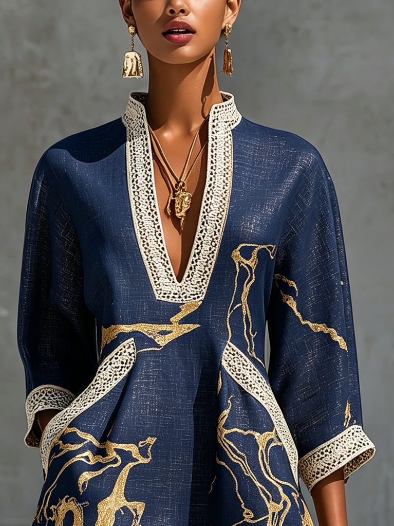 Delancine™ | Mini Dress with Gold Marble Print, Crochet Lace Trim & V-Neckline