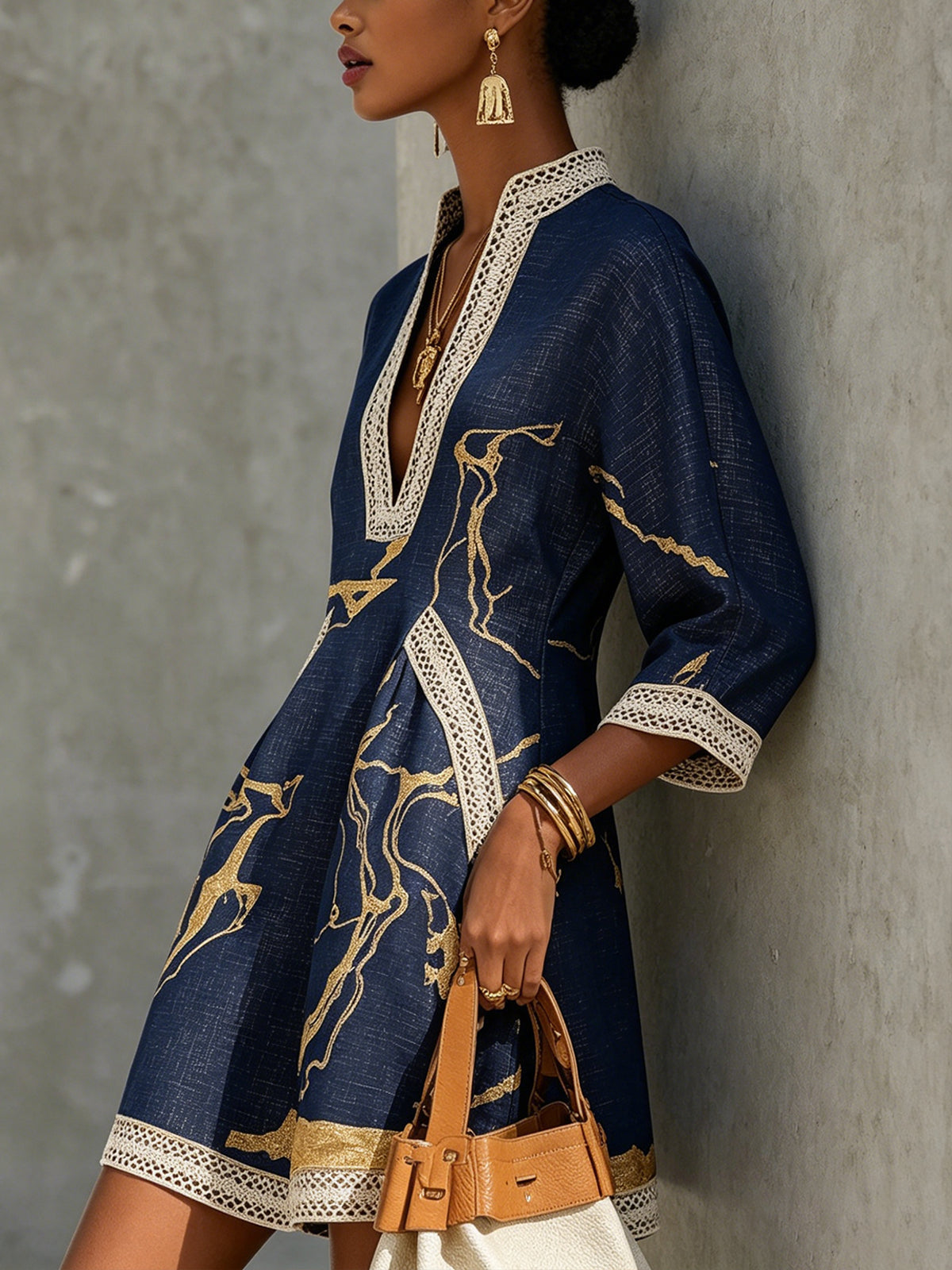 Delancine™ | Mini Dress with Gold Marble Print, Crochet Lace Trim & V-Neckline