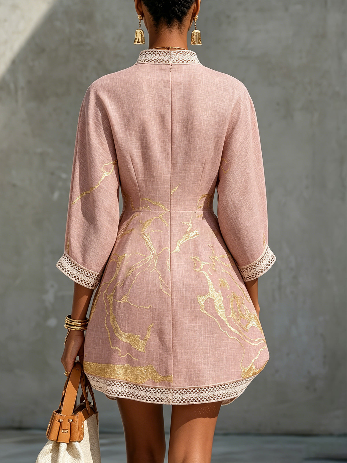 Orinthelle™ | Lace-Trim Mini Dress in Blush with Gold Marble Print & V-Neckline