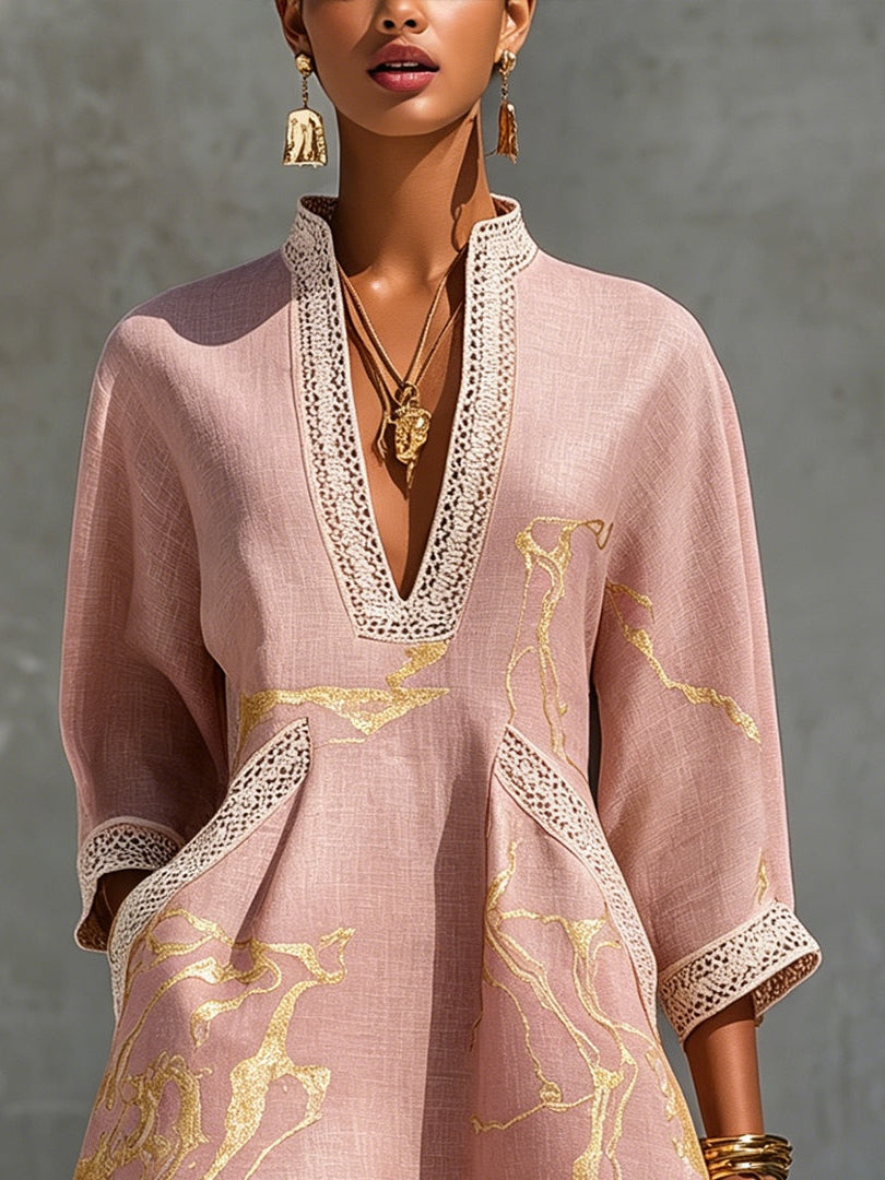 Orinthelle™ | Lace-Trim Mini Dress in Blush with Gold Marble Print & V-Neckline