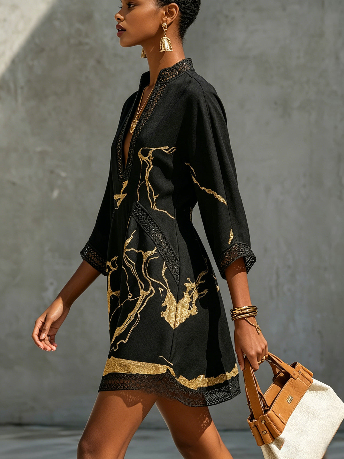 Nolaine™ | Black & Gold Marble Print Crochet Trim Mini Dress