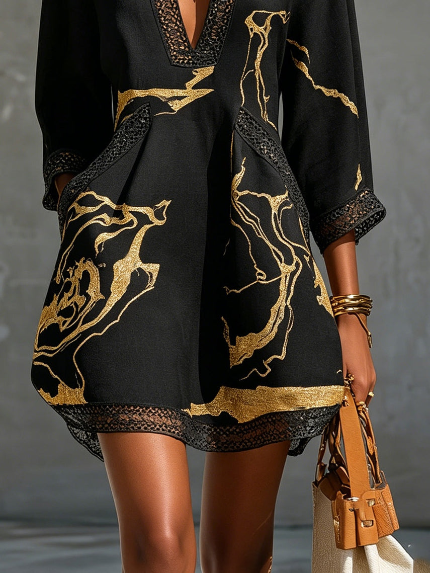 Nolaine™ | Black & Gold Marble Print Crochet Trim Mini Dress
