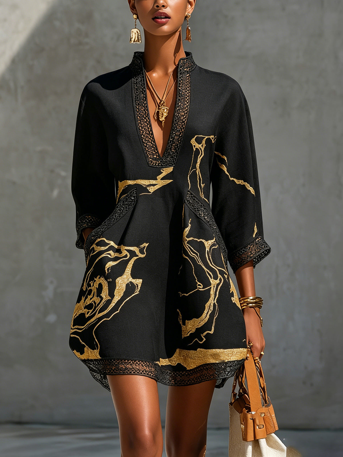 Nolaine™ | Black & Gold Marble Print Crochet Trim Mini Dress