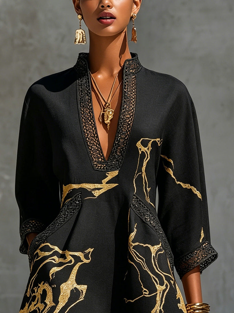 Nolaine™ | Black & Gold Marble Print Crochet Trim Mini Dress
