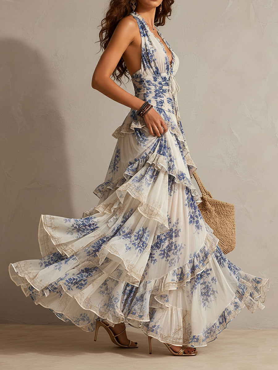 Juliette™ | Romantic Vacation Blue And White Floral Print Halter Neck Ruffled Maxi Dress