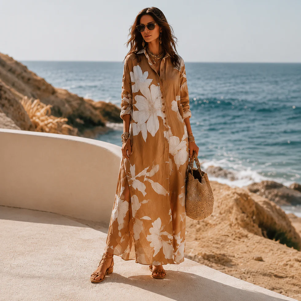 Fiorella™ | Floral Print Vacation Maxi Shirt Dress
