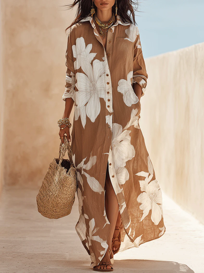 Fiorella™ | Floral Print Vacation Maxi Shirt Dress